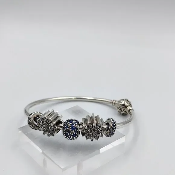 Pandora Sterling 925 Pattern Of Love Bangel Bracelet 5 Charms Clear & Blue CZ